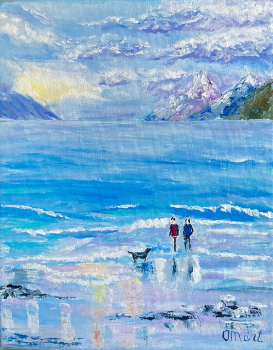Painting titled "People Beach Painti…" by Olga Mart, Original Artwork, Oil Mounted on Wood Stretcher frame