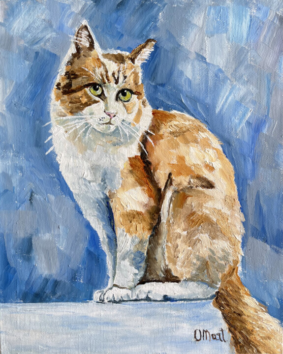 Painting titled "Ginger cat painting…" by Olga Mart, Original Artwork, Oil Mounted on Cardboard