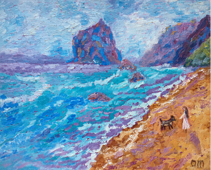 Painting titled "People Beach Painti…" by Olga Mart, Original Artwork, Oil Mounted on Cardboard