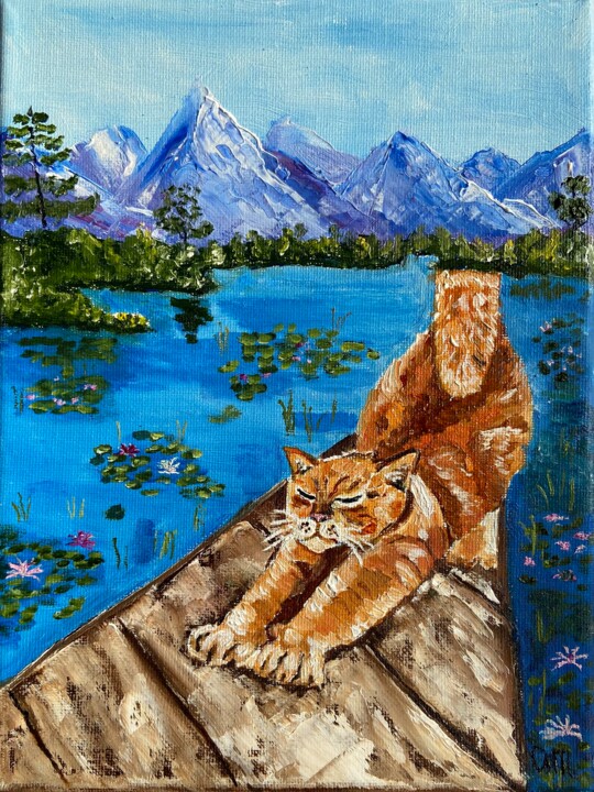 Painting titled "Red cat landscape" by Olga Mart, Original Artwork, Oil Mounted on Wood Stretcher frame
