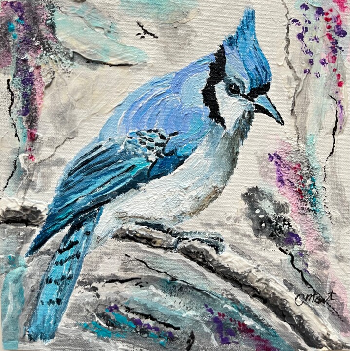 Painting titled "Jay bird" by Olga Mart, Original Artwork, Oil Mounted on Cardboard