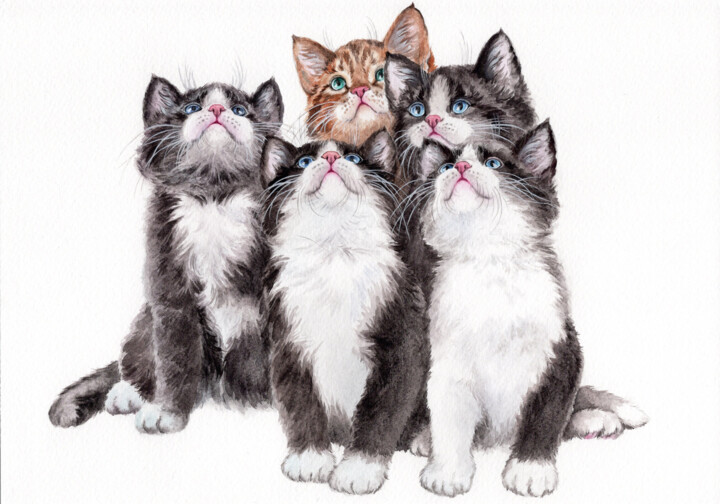 Pintura intitulada "Lots of cute kittens" por Olga Matyunina, Obras de arte originais, Aquarela