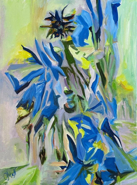 Painting titled "Cornflower Fantasia" by Olga Mcnamara, Original Artwork, Oil Mounted on Wood Stretcher frame