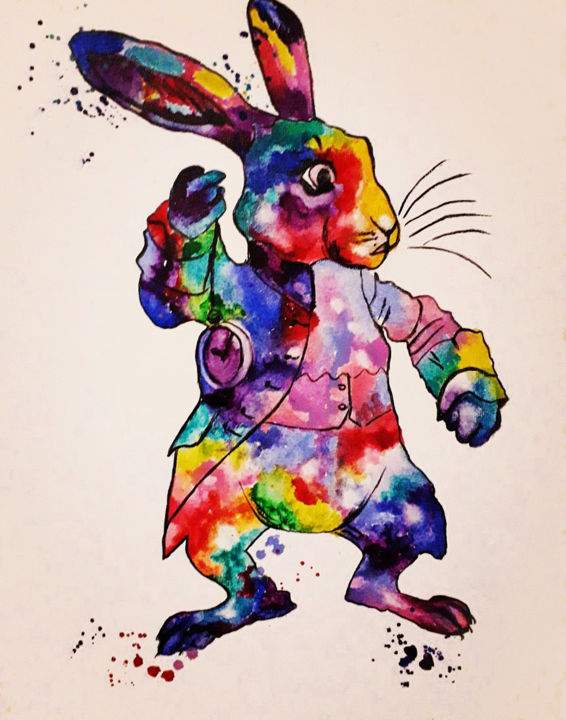 Картина под названием "Rabbit with a watch" - Olga Meer, Подлинное произведение искусства, Акварель