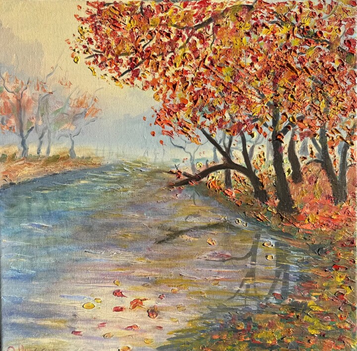Painting titled "Misty Autumn Mornin…" by Olga Minasyan, Original Artwork, Oil