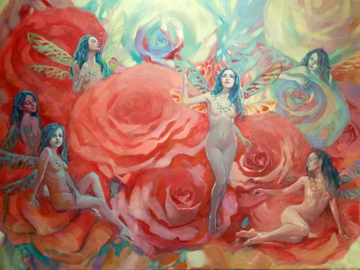 「Rose and the Elves」というタイトルの絵画 Olga Muellerによって, オリジナルのアートワーク, アクリル