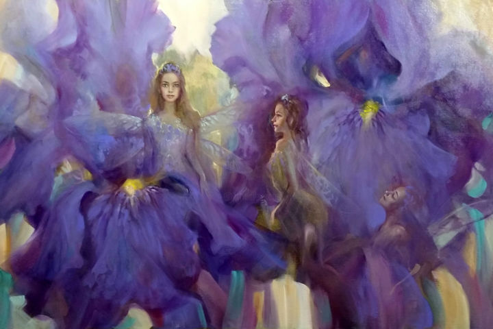 「Purple iris elves」というタイトルの絵画 Olga Muellerによって, オリジナルのアートワーク, オイル