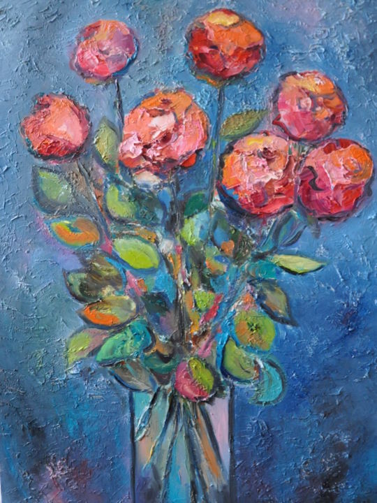 Painting titled "Oil painting "Roses…" by Olga Nikanchikova, Original Artwork, Oil