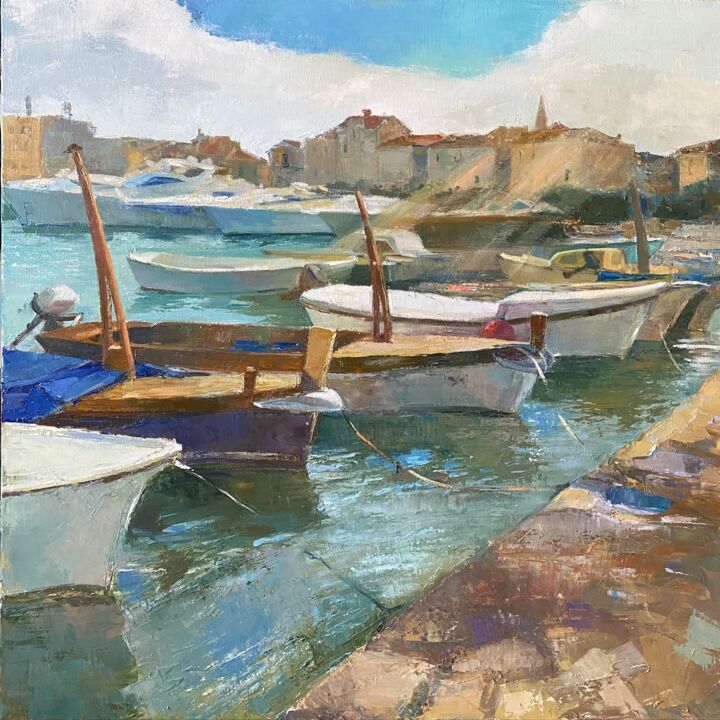 Painting titled "Boats in the sun" by Olga Onopko, Original Artwork, Oil