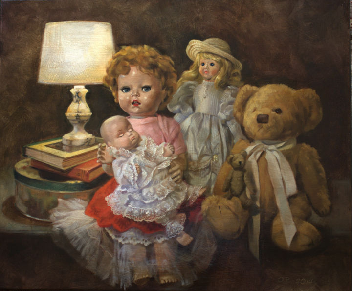 Painting titled "Bedtime Story" by Olga Read, Original Artwork, Oil Mounted on Wood Stretcher frame