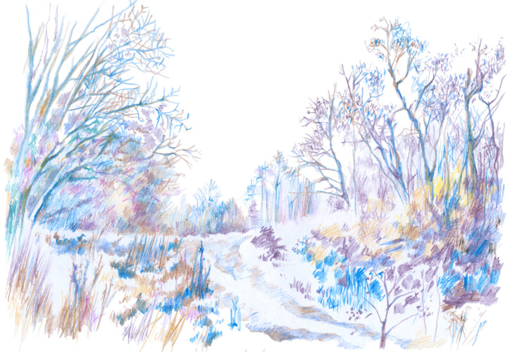 Dessin intitulée "Winter landscape wi…" par Olga Osipenko (Mariaiva), Œuvre d'art originale, Conté