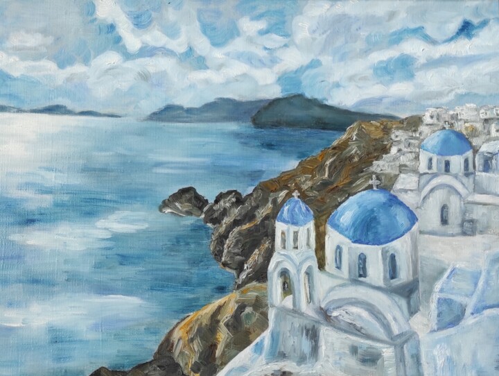 Schilderij getiteld "Santorini. Greece.…" door Olga Ponomarenko, Origineel Kunstwerk, Olie Gemonteerd op Frame voor houten b…