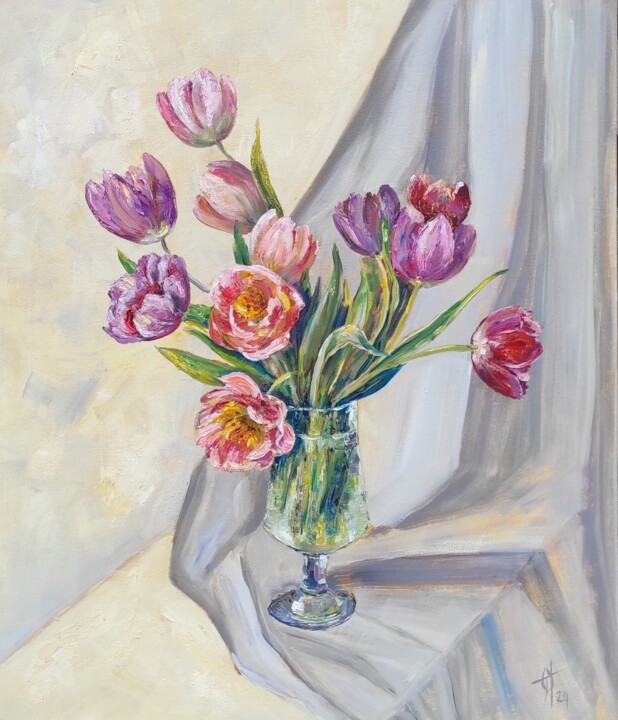 Painting titled "Tulips. Original oi…" by Olga Ponomarenko, Original Artwork, Oil Mounted on Wood Stretcher frame