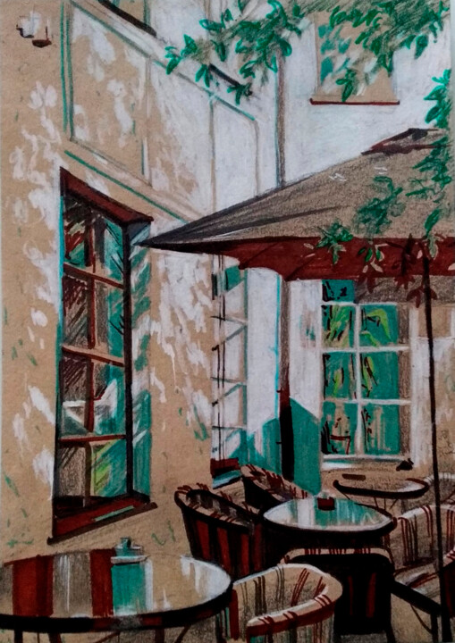 Disegno intitolato "Summer cafe" da Olga Ro, Opera d'arte originale, Penna gel