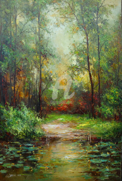 Painting titled "Лесной пруд" by Olga Samchuk, Original Artwork, Oil