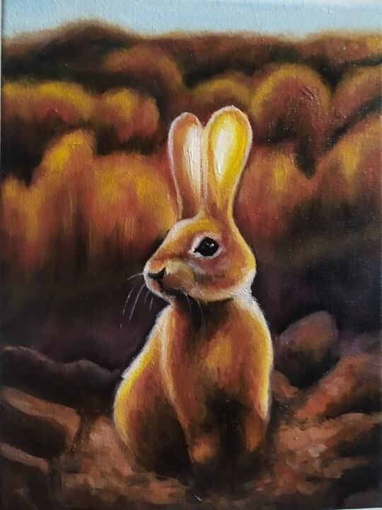 Painting titled "Rabbit" by Olga Sarukhanova, Original Artwork, Oil Mounted on Wood Stretcher frame