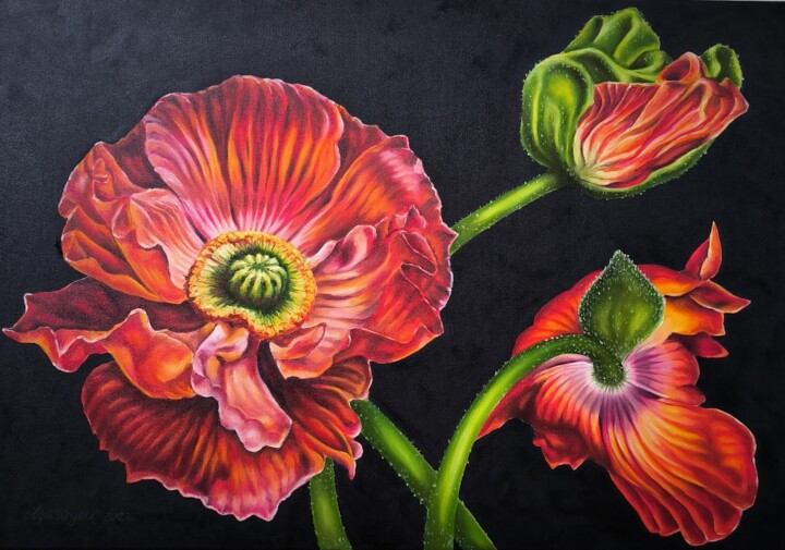Painting titled "Poppies flowers" by Olga Sarukhanova, Original Artwork, Oil Mounted on Wood Stretcher frame