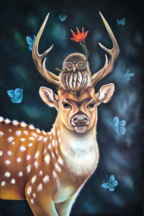 Картина под названием "Butterfly in one's…" - Olga Sarukhanova, Подлинное произведение искусства, Масло Установлен на Деревя…