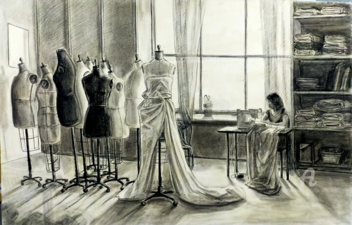 Disegno intitolato "Портниха" da Olga Selezneva, Opera d'arte originale, Carbone