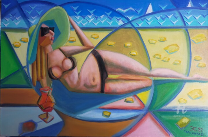 Peinture intitulée "Девушка на пляже" par Olga Selezneva, Œuvre d'art originale, Huile