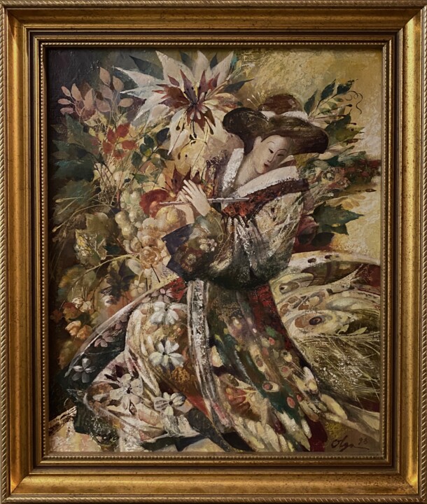 Peinture intitulée "Geiisha à la flute" par Olga Semenova, Œuvre d'art originale, Huile