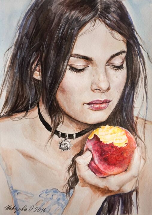「Girl with peach」というタイトルの絵画 Olga Shevcovaによって, オリジナルのアートワーク, 水彩画