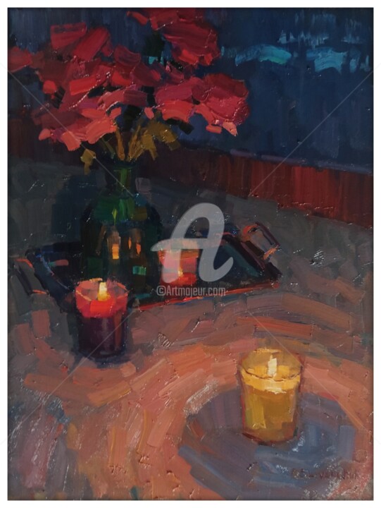 Painting titled "La Luce delle cande…" by Olga Silivanchyk, Original Artwork, Oil Mounted on Wood Stretcher frame