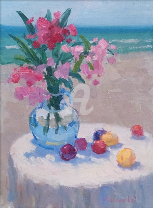 Painting titled "Fiori di Oleandro" by Olga Silivanchyk, Original Artwork, Oil Mounted on Wood Stretcher frame