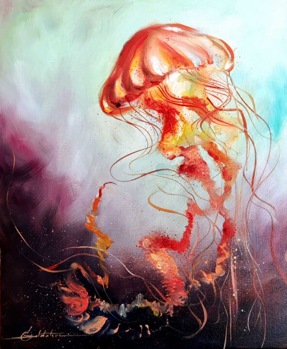 Painting titled "Jellyfish" by Olga Soldatova, Original Artwork, Oil Mounted on Cardboard