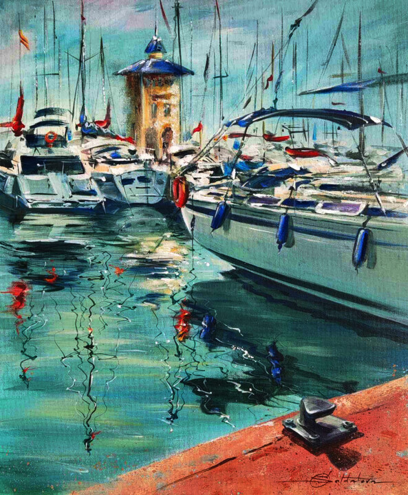 Painting titled "Yachts in Spain" by Olga Soldatova, Original Artwork, Acrylic Mounted on Cardboard