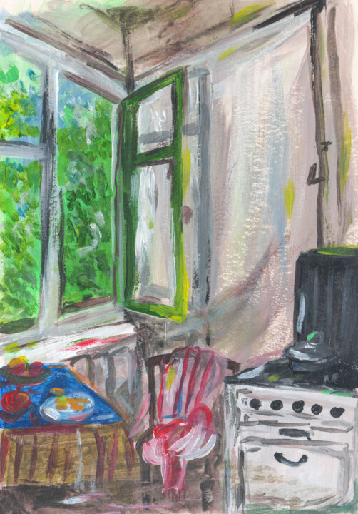 Painting titled "The kitchen" by Olga Strogonova, Original Artwork, Gouache