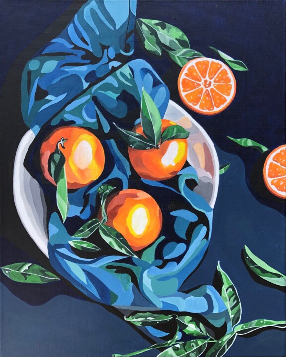 Malarstwo zatytułowany „Mandarins” autorstwa Olga Tiho, Oryginalna praca, Akryl Zamontowany na Drewniana rama noszy