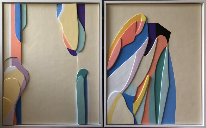 Painting titled "Dawn and sunset Mia…" by Olga Tiho, Original Artwork, Plaster Mounted on Wood Panel