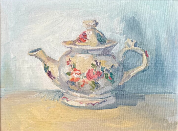 Painting titled "Teapot" by Olga Ukraintseva, Original Artwork, Oil Mounted on Cardboard