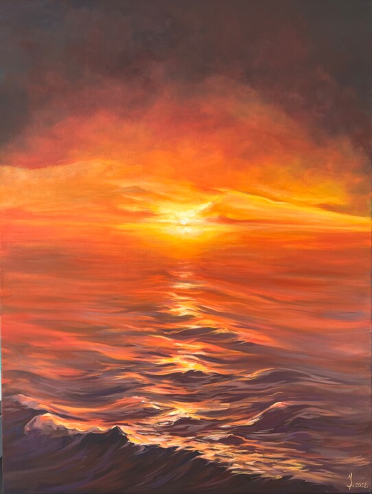 Картина под названием "Seaside Sunset" - Olga Ukraintseva, Подлинное произведение искусства, Масло Установлен на Деревянная…