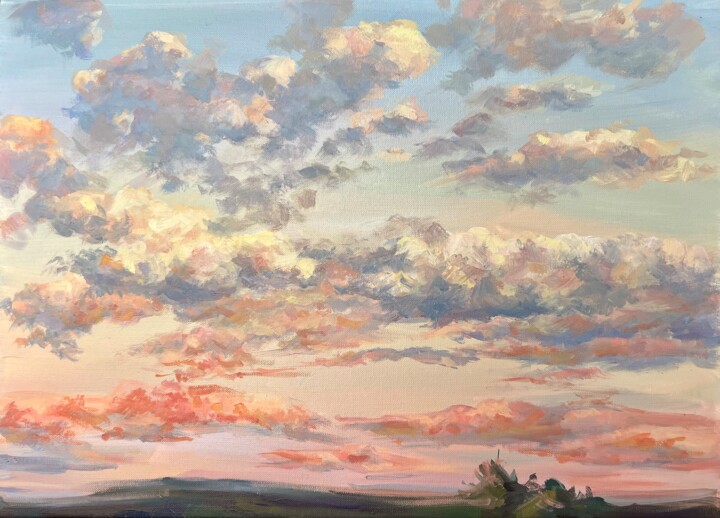 Картина под названием "Clouds on the sunset" - Olga Ukraintseva, Подлинное произведение искусства, Масло Установлен на картон