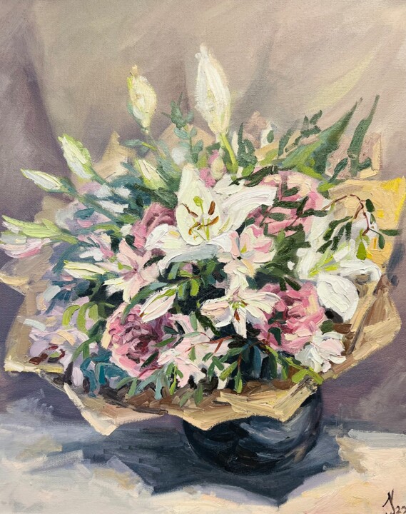 Painting titled "Bouquet" by Olga Ukraintseva, Original Artwork, Oil Mounted on Wood Stretcher frame