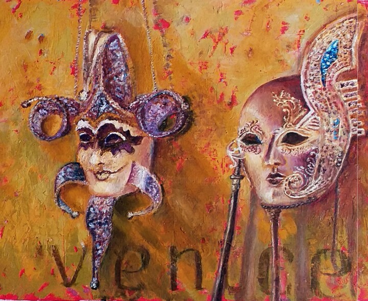 Ζωγραφική με τίτλο "Venetian Masks on a…" από Olga Vedyagina, Αυθεντικά έργα τέχνης, Λάδι