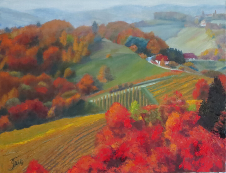 Malerei mit dem Titel "The autumn hills." von Olga Yashchenko, Original-Kunstwerk, Öl Auf Karton montiert