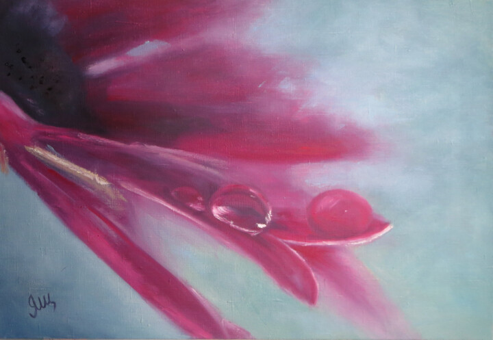 Painting titled "Abstract red flower…" by Olga Yashchenko, Original Artwork, Oil Mounted on Wood Stretcher frame