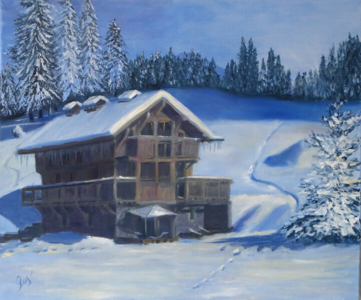 Painting titled "Winter landscape. A…" by Olga Yashchenko, Original Artwork, Oil Mounted on Wood Stretcher frame