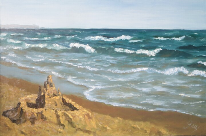 Painting titled "Sand castle on the…" by Olga Yashchenko, Original Artwork, Oil Mounted on Wood Stretcher frame