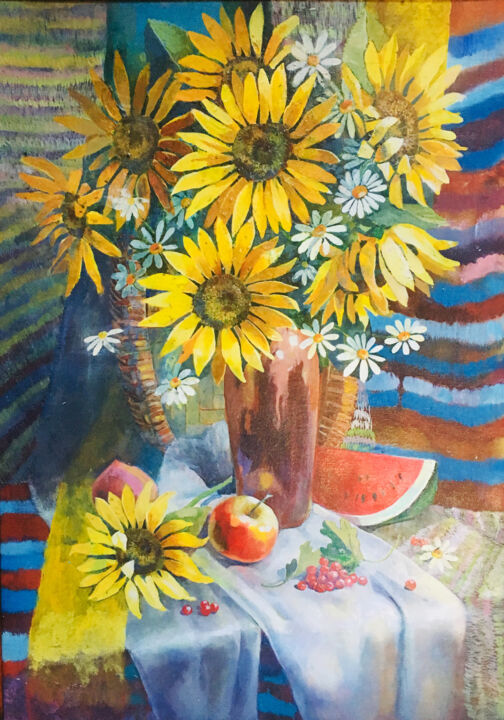Painting titled "Sunflowers" by Olga Zinovich, Original Artwork, Oil Mounted on Cardboard