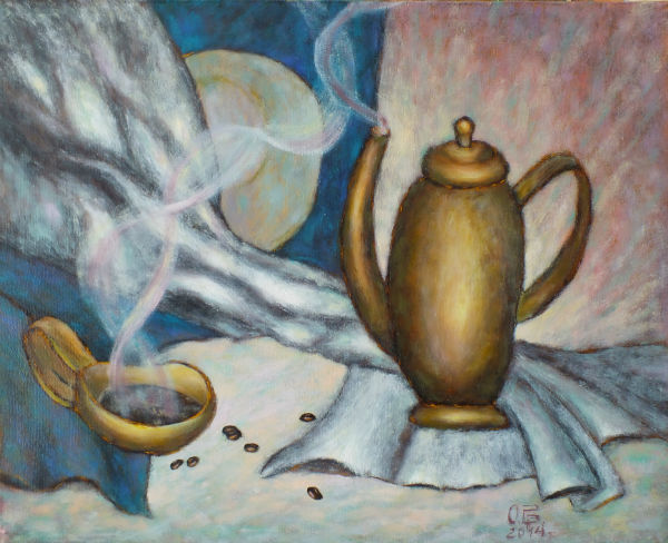 Painting titled "Кофейку?" by Olga Brudnevskaya, Original Artwork, Oil