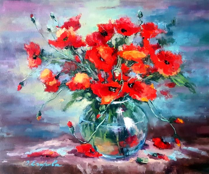 Картина под названием "Poppies in vase" - Olga Egorov, Подлинное произведение искусства, Масло Установлен на Подрамник