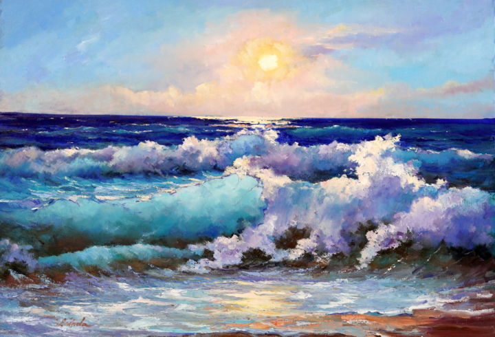 Painting titled "Lace of the Sea" by Olga Egorov, Original Artwork, Oil Mounted on Wood Stretcher frame