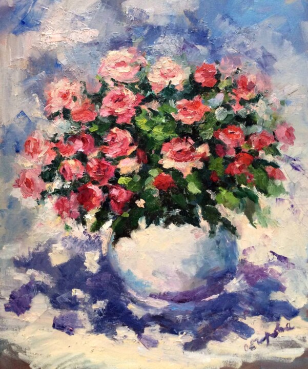 Painting titled "Roses in Vase" by Olga Egorov, Original Artwork, Oil Mounted on Wood Stretcher frame