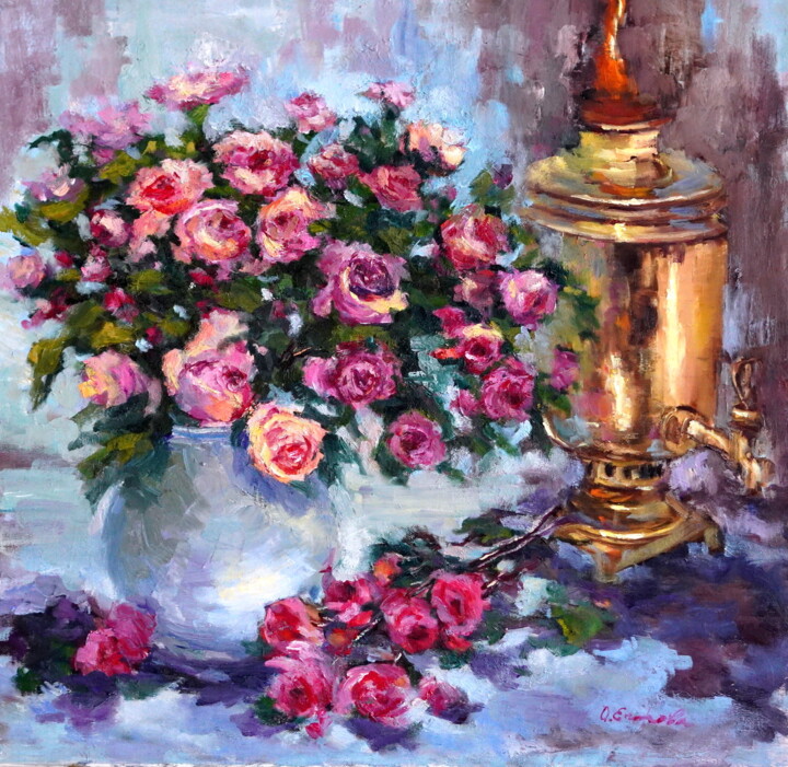 Painting titled "Samovar agd Roses" by Olga Egorov, Original Artwork, Oil Mounted on Wood Stretcher frame