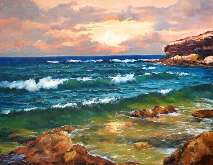 Pintura intitulada "Sun and Sea" por Olga Egorov, Obras de arte originais, Óleo Montado em Armação em madeira