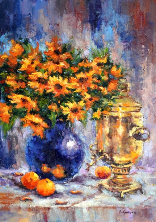 Painting titled "Still Life whith Sa…" by Olga Egorov, Original Artwork, Oil Mounted on Wood Stretcher frame